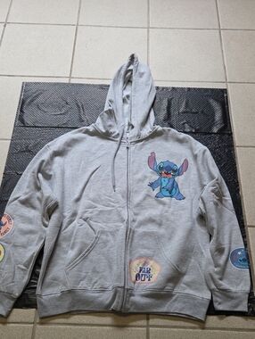 Disney Light Gray Stitch Zip-Up Hoodie with Patches